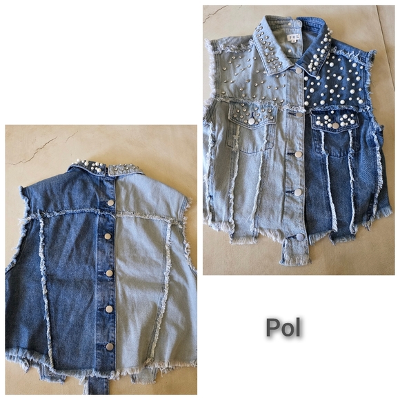 POL Jackets & Blazers - POL Mixed Wash Pearl & Rhinestone Distressed Denim Vest
